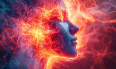 Psychedelic energy waves radiating from a glowing neon core, spiritual transformation, 3D illustration