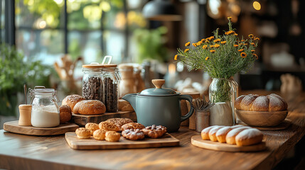 Rustic Bakery Table Scene: Warm, inviting image of a wooden table laden with freshly baked bread, pastries, and coffee, set against a sunlit cafe window. Perfect for blogs, menus.