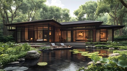 Naklejka premium Contemporary home design with a minimalist approach, open layout, and geometric features, 3D render