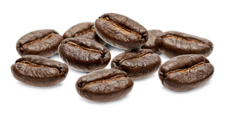Dark Brown Roasted Coffee Beans in Pile with Gold-colored Lines on transparent background - Nine Oval-shaped Beans