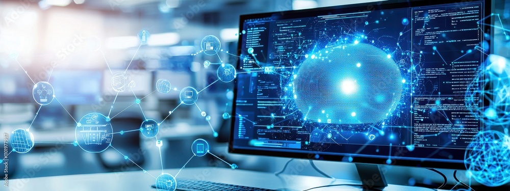 Wall mural a computer monitor with a blue screen showing a network of blue dots