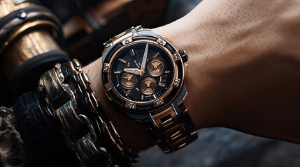 A Rose Gold and Black Wristwatch With Multiple Subdials