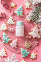 Naklejka premium Decorated Christmas Cookies with Frosting Bottle