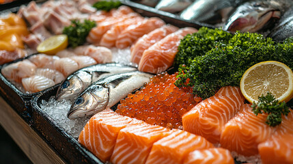 A fresh seafood market display featuring an assortment of fish and seafood, emphasizing the variety and nutritional value of the products