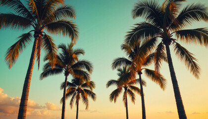 Majestic palm trees silhouetted against a colorful sunset sky with copy space