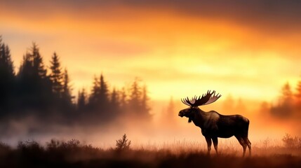 Fototapeta premium A moose's silhouette creates a striking contrast against a fiery sunset, reflecting the splendor and tranquility of the wilderness as night begins to fall.