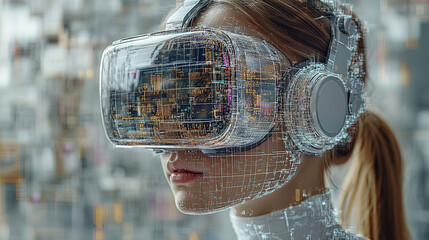 Exploring virtual reality technology with a female user immersed in a digital environment showcasing futuristic data visuals. Generative AI