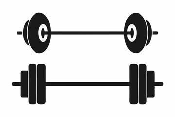 Black barbell icon, dumbbell icon silhouette on white background.