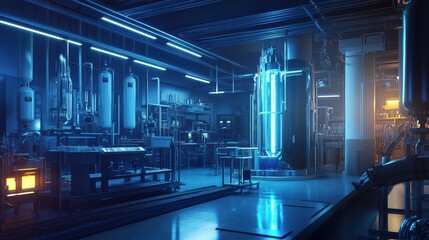 Futuristic Hydrogen Fuel Cell Generator Prototype: Technical Visualization in a Sterile Lab Setting with Surgical Precision Lighting and Advanced Engineering Components.