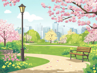 A lively urban park in spring in full bloom, suitable for enjoying nature's beauty and vibrant outdoor life