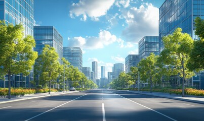 Obraz premium City street lined with modern glass and steel office towers, corporate urban environment, 3D illustration
