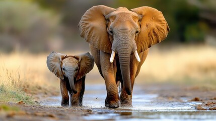 An elephant energetically leads its calf through a muddy riverbed, splashing water with its big feet, portraying the playful and adventurous side of nature.