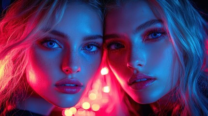 Naklejka premium The image features two close-up portraits of women with striking features, illuminated by vibrant blue and pink lighting, creating a dramatic and captivating effect.