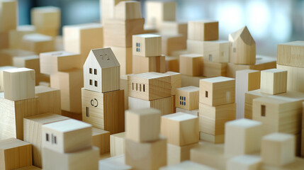With focus, he organizes wooden cubes, creating a layered presentation of healthcare and insurance concepts.