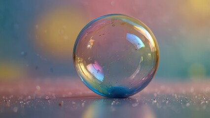  Soft pink, blue, and yellow tones are reflected by a delicate soap bubble floating against a pastel, bokeh-filled background