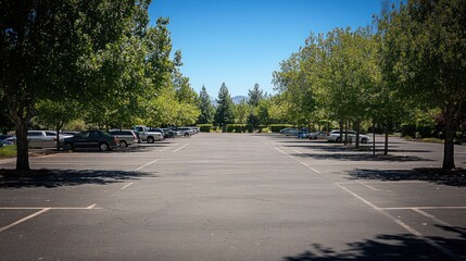 A spacious parking lot surrounded by trees under a clear blue sky.