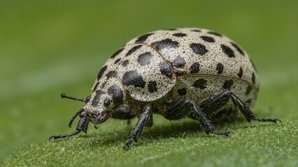 Macro shot of a weevils intricate snout and patterned body on a soft green backdrop