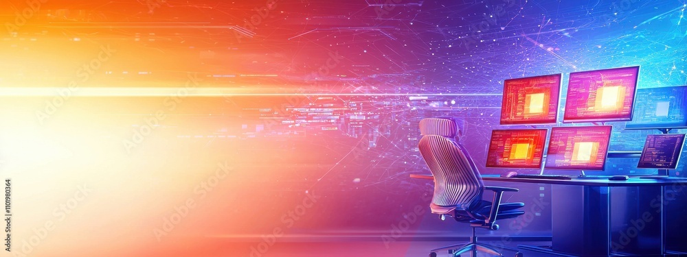 Poster a computer monitor is on a desk with a person sitting in front of it