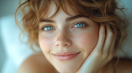 Cute Girl with Light Eyes on Minimalist Background