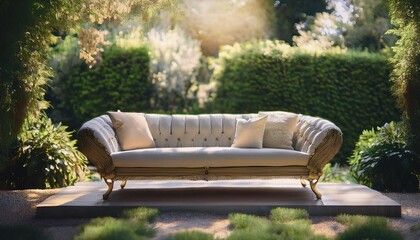 Elegant sofa in the garden. In garden there is podium on which sofa Beautiful sofa on Outdoor