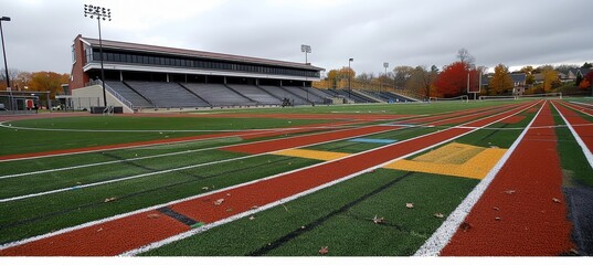 High school athletic field featuring bleachers, running track, lush grass, and overcast sky