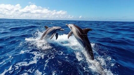 A pair of dolphins leap in perfect synchronization through the ocean waves, capturing a sense of unity and friendship under a sprawling azure sky.