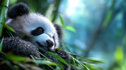 Obraz premium A panda peacefully sleeps nestled among lush bamboo, surrounded by the tranquil embrace of nature, merging a sense of relaxation and serene beauty.