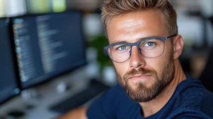Focused and Serious Looking Businessman with Glasses Working on Computer in a Modern Corporate Office Setting Representing Professionalism Expertise and Problem Solving in the Business World