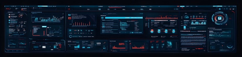 A futuristic dashboard displaying data analytics and metrics in a sleek, digital interface.