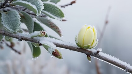 buds on a branch, snow covered branches, A bud that has just opened on a frost-covered tree. Risk of crop loss due to spring frosts