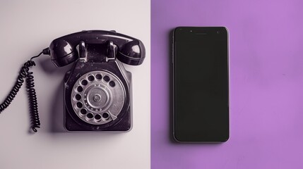 A split-frame image showcasing a classic black rotary telephone on the left and a modern smartphone on the right. The contrasting devices emphasize technological evolution and time.