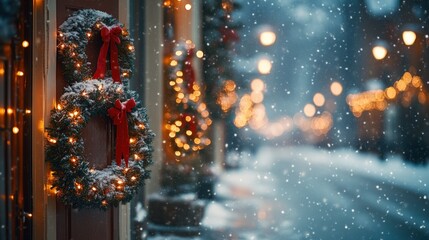 Charming Winter Street with Wreaths Glow