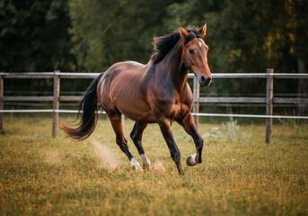 Fototapeta premium Majestic Brown Horse Galloping in a Field