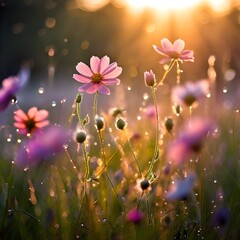 Pastel Flower Field Illuminated by Gentle Sunlight