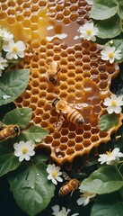 close up of a honeycomb with dripping honey, surrounded by green leaves and flowers, highlighting the natural beauty and the shiny texture of the honey create with ai