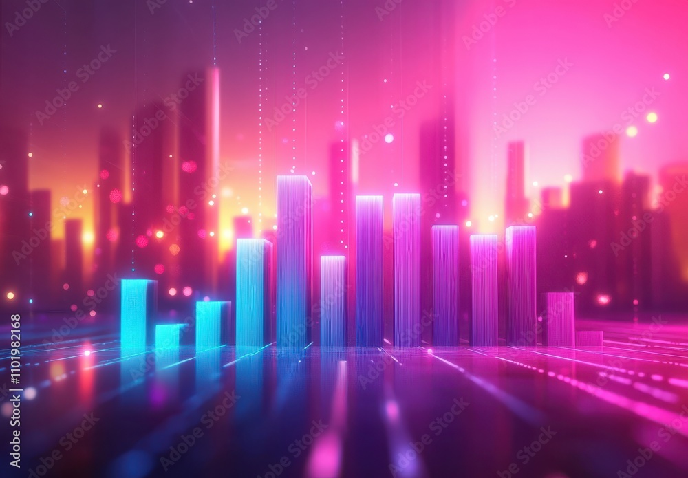 Poster Vibrant Abstract Bar Chart with Neon Color Palette and Glowing Background Representing Data Visualization Concepts in a Futuristic Urban Environment