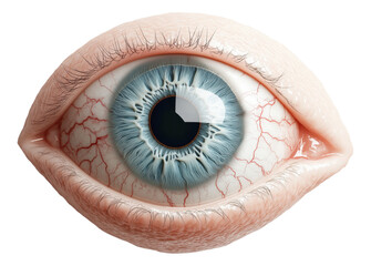 Close-up of a realistic human eye with blue iris and red veins