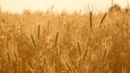Fototapeta premium Beautiful golden barley field at sunset glowing in soft light