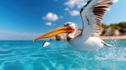 A pelican is seen elegantly in flight with the backdrop of clear blue waters and a distant shoreline, depicting a scene of natural grace and adventure in the wild.