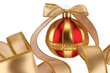 Golden and Red Christmas Ornament with Ribbon on transparent background Festive Home Decor Holiday Atmosphere Close-Up Decorative Concept