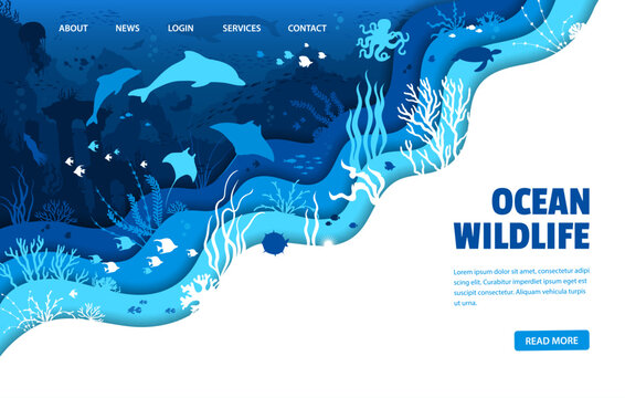Paper cut ocean underwater landscape landing page template with sea animals and fish vector silhouettes. Dolphin, octopus, squid and whale, sea turtle and jellyfish webpage with 3d paper cut border