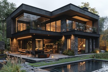 Modern Minimalist Two-Story Black Cabin with Outdoor Dining and Pool