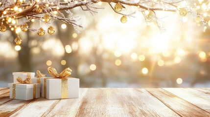 Christmas podium with blurry shiny lights for branding and packaging presentation