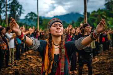 Activists forming a human chain around a deforested area, protesting industrial logging, emotional expressions on their faces.