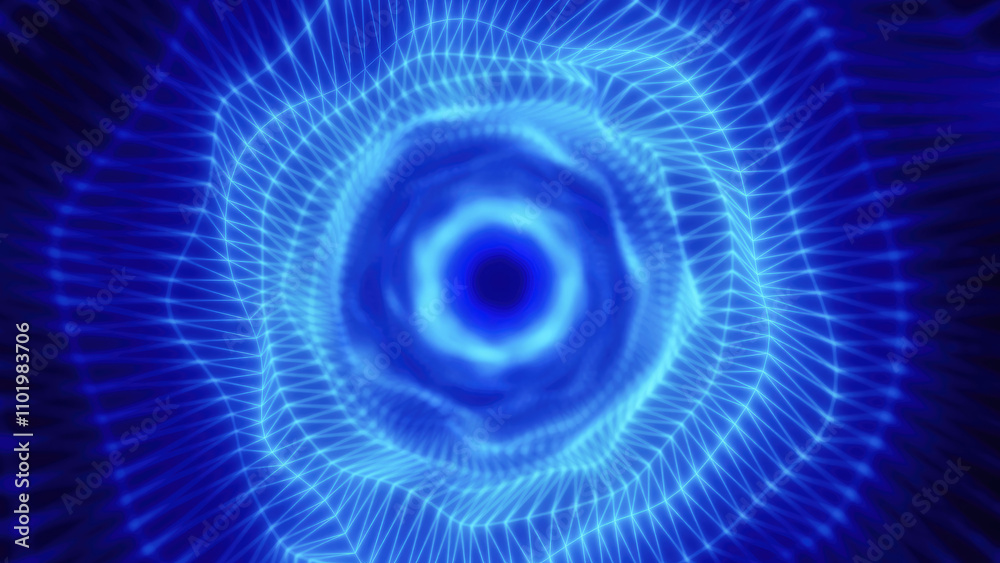 Poster a glowing blue vortex with geometric wireframe patterns converging toward the center, creating a fut
