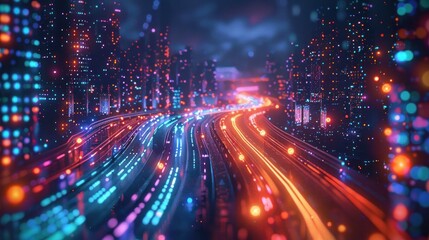 Fototapeta premium Futuristic night cityscape with illuminated skyscrapers highways and high speed traffic Blurred motion of vehicles creates a sense of energy and technology