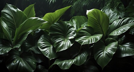 Obraz premium Close-up of vibrant tropical green leaves with glossy textures, set in a shaded environment creating a serene jungle vibe.