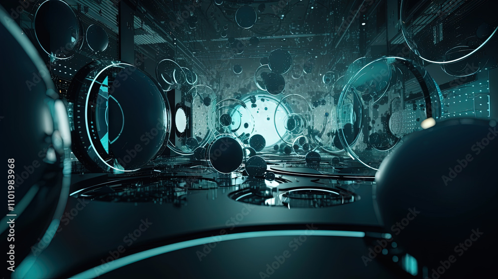 Poster Technology abstract background with hud styled round interface elements in neon tech light.
