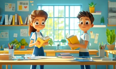 Cartoon students cleaning up after class, putting away books and tidying desks, organized and helpful, 3D illustration