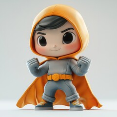 Little Superhero: A cute, cartoon-style superhero in a bright orange cape and a determined expression.  He stands with his fists clenched, ready for action.  A symbol of  power, bravery.